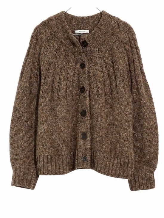 Madewell Sweaters - Madewell Brown Wool Blend Harwood Cable Knit Mock Neck Cardigan XXS